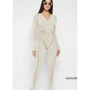 Maniere De Voir Jumpsuit Womens Small Knitted Contour Beige Bodysuit Sexy Party